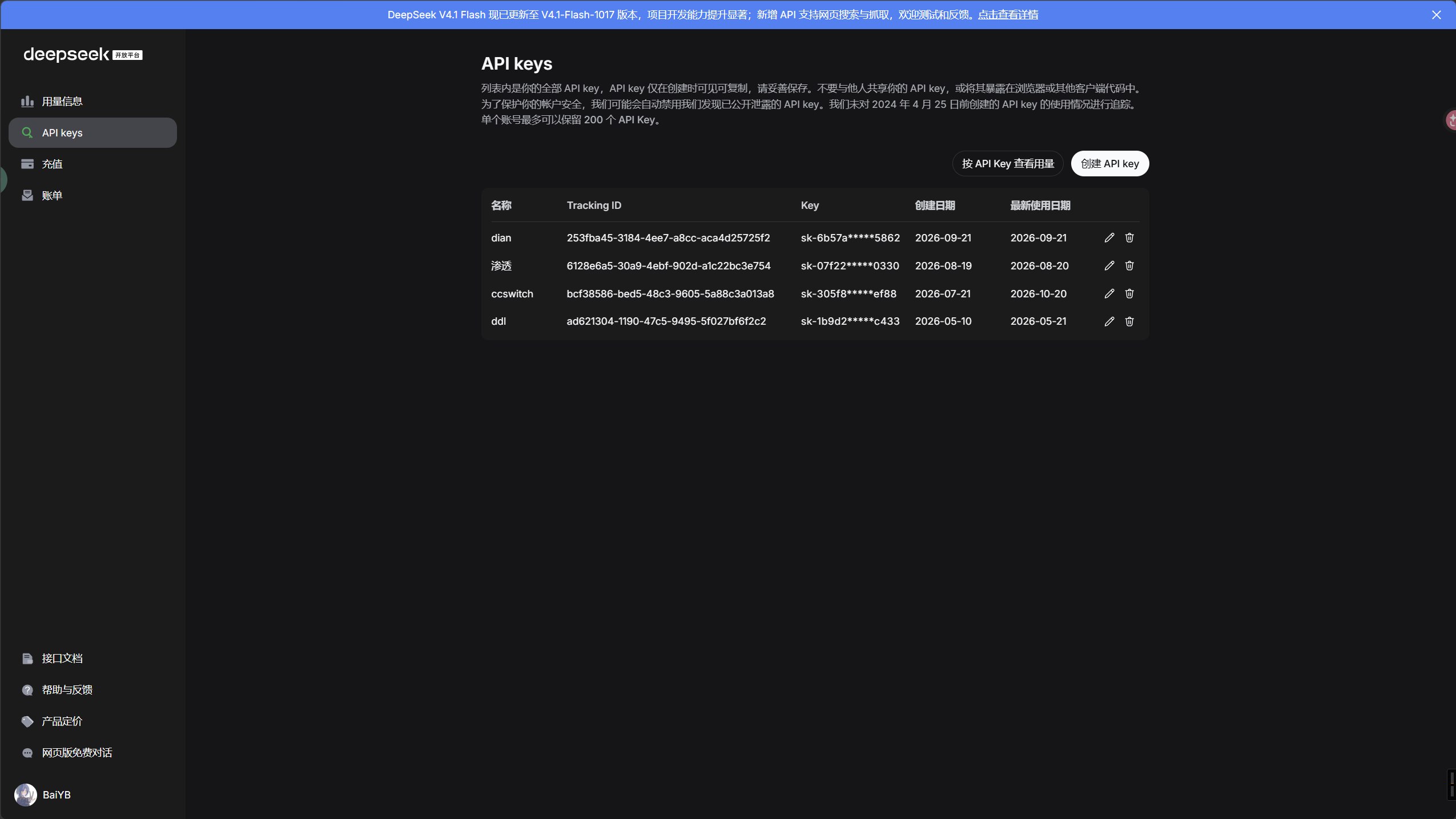 DeepSeek 官方开放平台：API keys 列表和创建入口